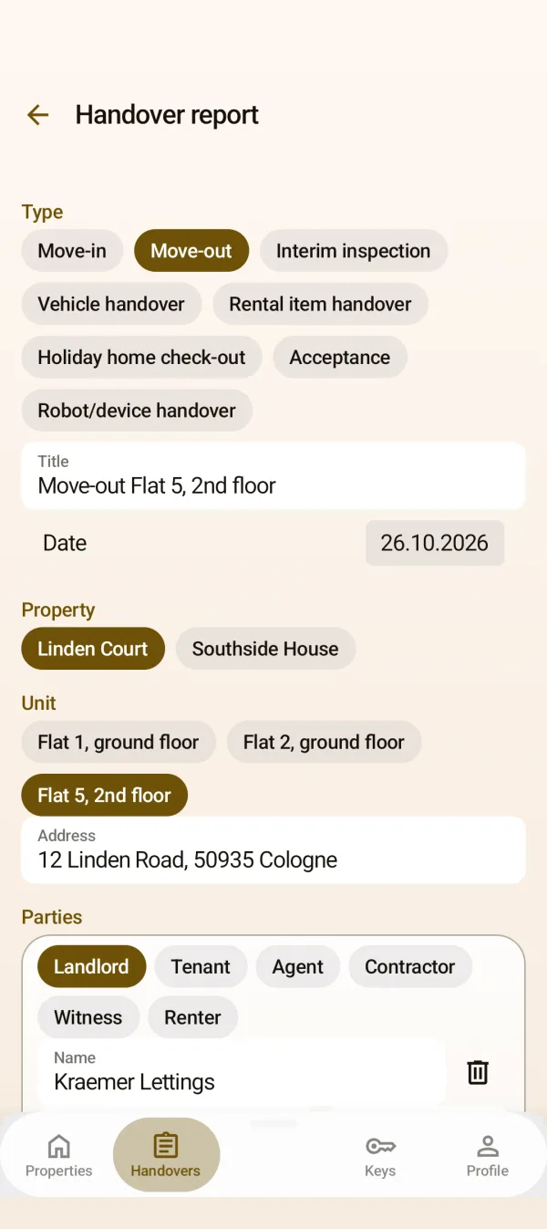 Handover report with type, property and parties