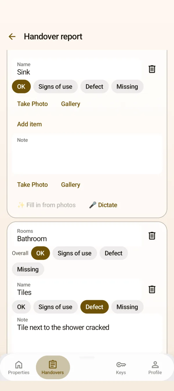 Rooms with conditions and a defect