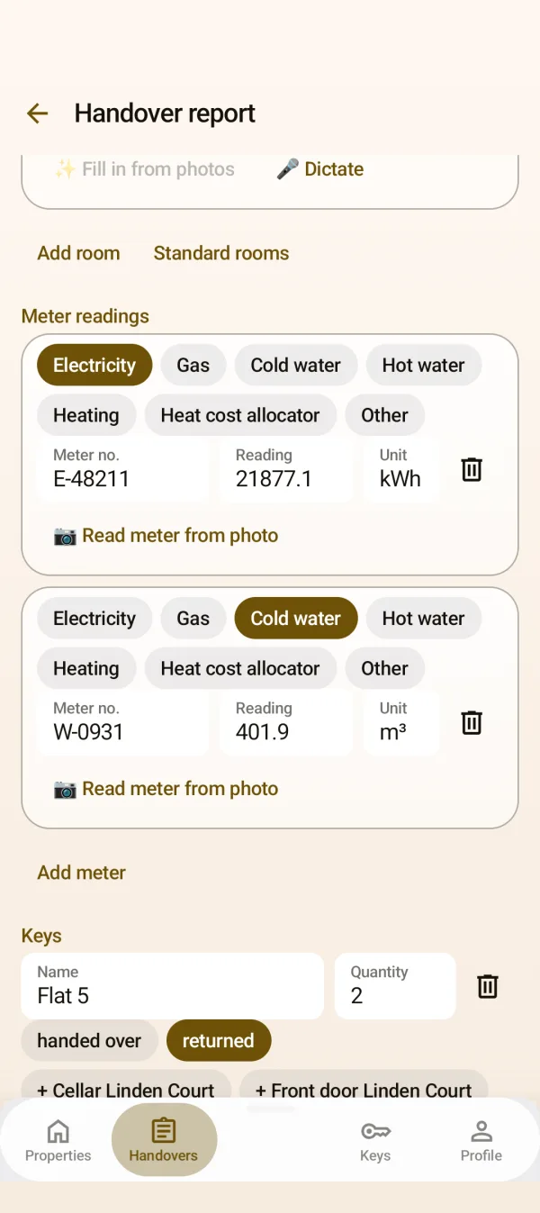 Meter readings and keys in the report