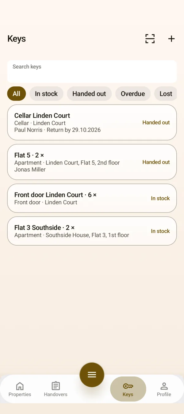 Key log with keys in stock and handed out