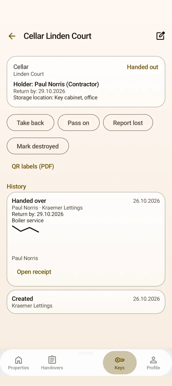 Key with holder, return date and history