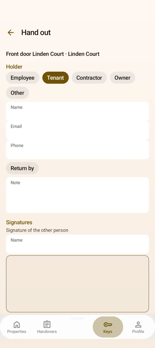 Handing out a key with a signature